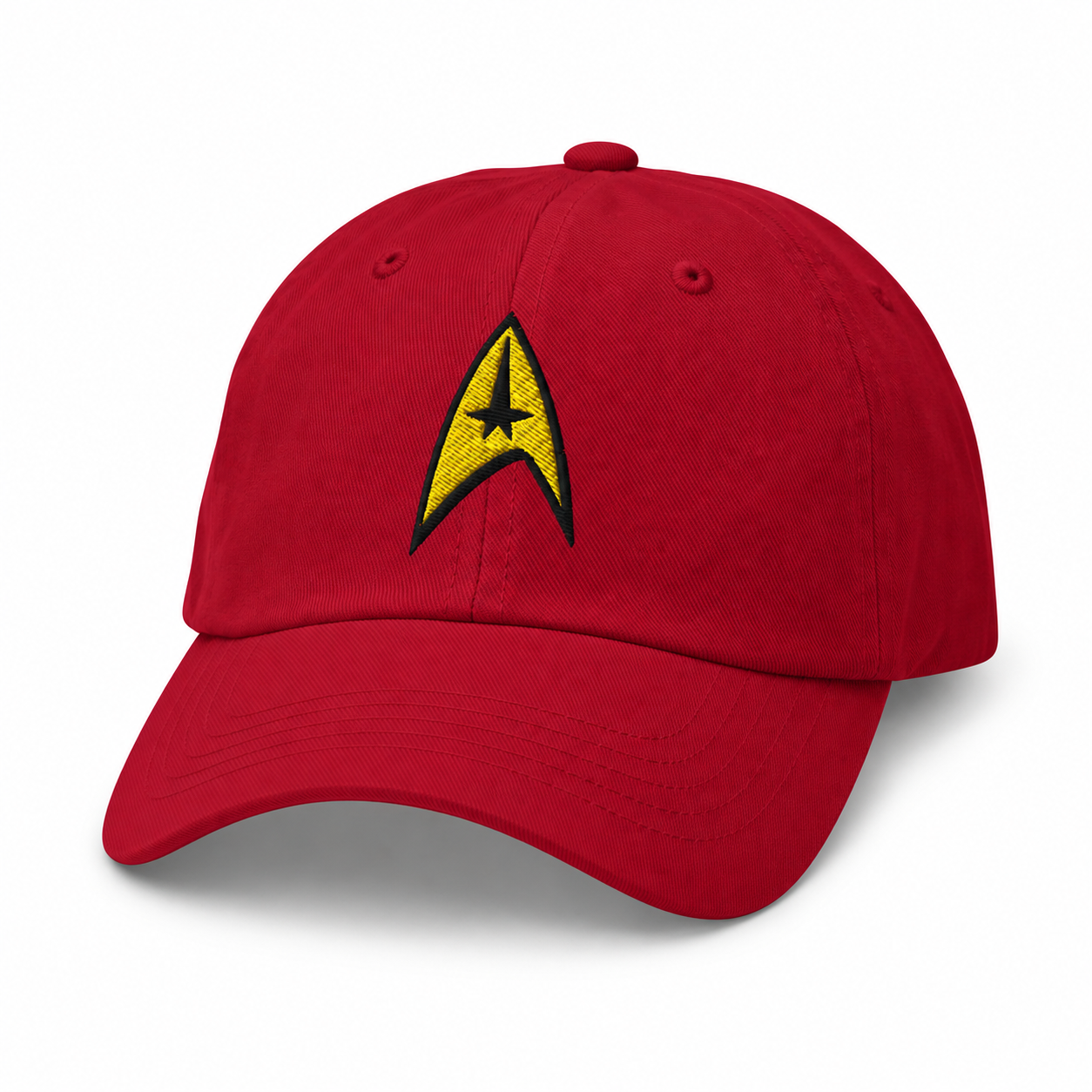 Red dad hat with yellow-and-black embroidered delta insignia preview