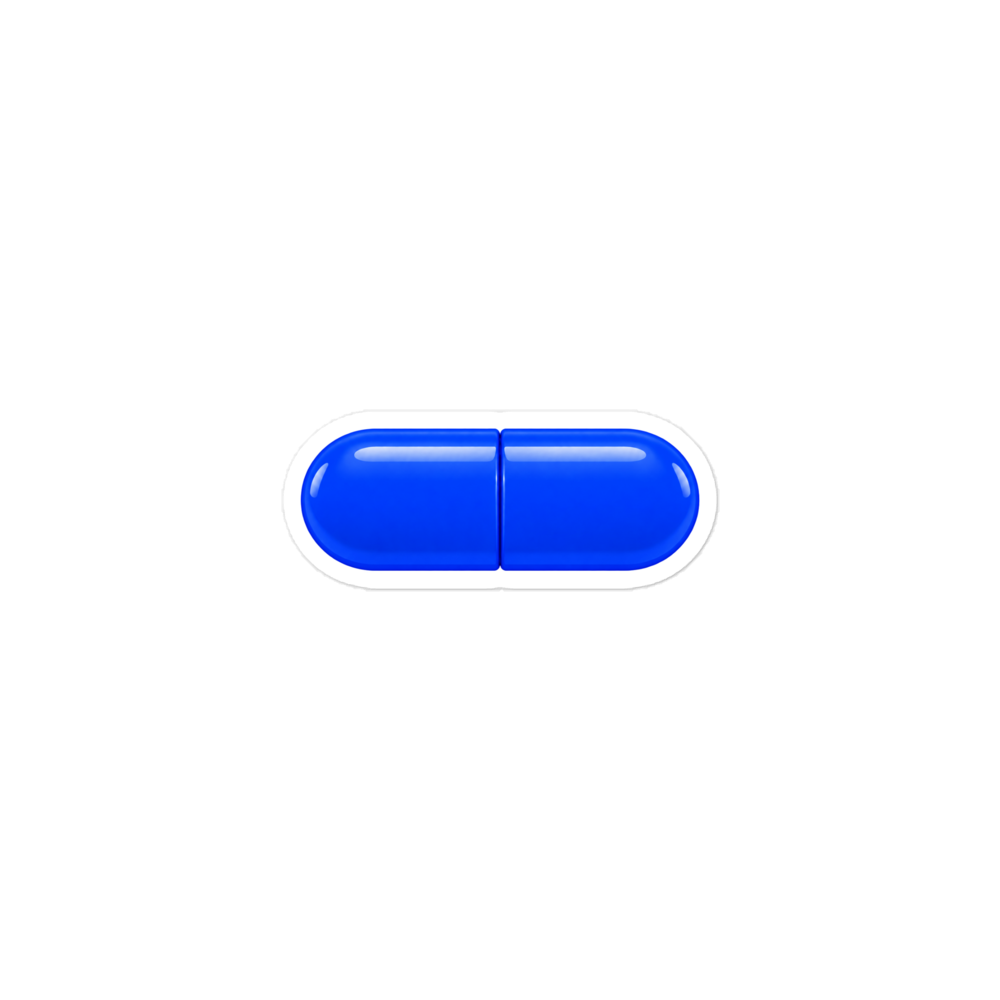 Plain blue pill sticker with a white cut border
